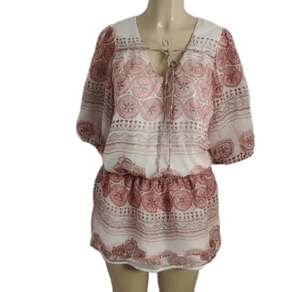 Women's Anthropologie Jenny Han 100% Silk Red&Cream Peplum Blouse Top Shirt SZM